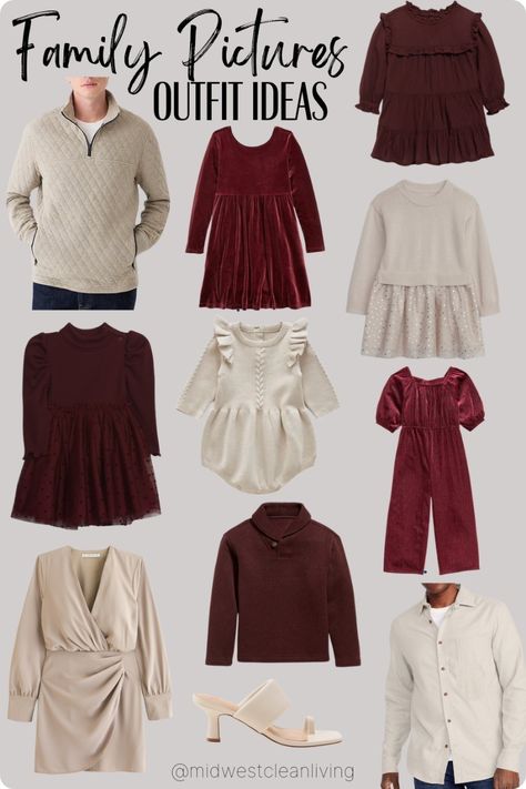 Christmas Family Outfits Color Schemes, Holiday Photo Color Schemes, Burgundy And Cream Family Pictures, Burgundy Christmas Outfit Family, Burgundy Family Photos, Christmas Photoshoot Outfits Family, Burgundy Family Photos Outfit Ideas, Color Scheme Family Photos, Family Holiday Photos Outfits