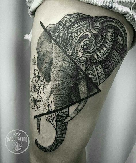 75 Big And Small Elephant Tattoo Ideas - Brighter Craft Geometric Elephant Tattoo, Elephant Thigh Tattoo, Mandala Elephant Tattoo, Elephant Tattoo Design, Tattoo Zeichnungen, Geniale Tattoos, Elephant Tattoo, Elephant Tattoos, Trendy Tattoos