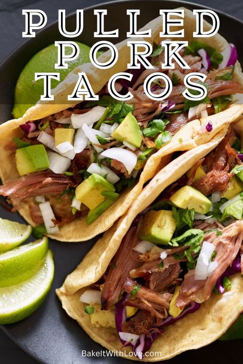 These pork tacos are an easy and delicious way to use any leftover pulled pork you might have in the fridge! From start to finish, they only take about 15 minutes to prepare, so they're perfect for busy weeknights. Your Taco Tuesdays are about to get a whole lot better! BakeItWithLove.com Leftover Pulled Pork Tacos, Bbq Pulled Pork Tacos, Slow Cooker Pulled Pork Tacos, Pulled Pork Tacos Recipe, Pork Taco, Leftover Pulled Pork, Leftover Taco Meat, Easy Pulled Pork, Pulled Pork Leftovers