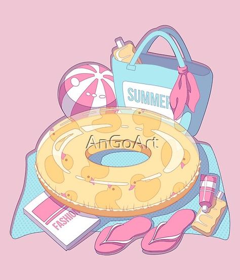 The cute aesthetic design with a swimming ring, sun oil, bag, and other beach-related things. It is a great gift or people who love kawaii aesthetic things anime and cartoon style, Japanese summer and pool or beach Summer Aesthetic Cartoon, Summer Aesthetic Art, Drawing Items, Kawaii Beach, Kawaii Hawaii, Sun Oil, Beach Cartoon, Core Aesthetics, Kawaii Summer