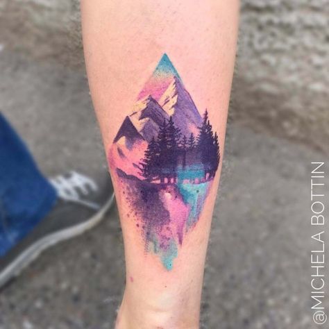 mountain watercolor tattoo on calf Mens Hip Tattoos, Watercolor Tattoo Shoulder, Watercolor Mountains Tattoo, Tattoo Calf, Tattoo Fairy, Back Of Leg Tattoos, Tattoo Watercolor, Landscape Tattoo, Tattoos Geometric