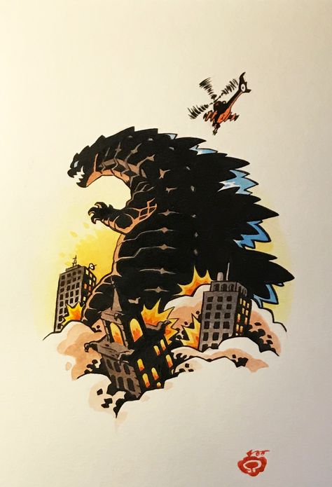 Godzilla Comic Art, Godzilla Graffiti, Monster Destroying City, Godzilla Tattoo Ideas, Kaiju Tattoo, Godzilla Tattoo Design, Godzilla Illustration, Godzilla City, Godzilla Cartoon