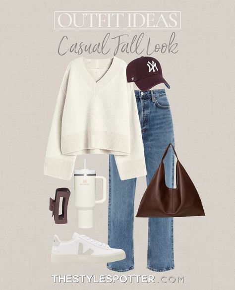 Shop Fall Outfits, Brown Ny Hat Outfit, Cream Cardigan Outfit Aesthetic, White Purse Outfit Ideas, Neutral Outfit Ideas Fall, Baseball Hat Fall Outfit, Rich Old Money Aesthetic Outfits, Savannah Georgia Outfit Winter, Warm Thanksgiving Outfit