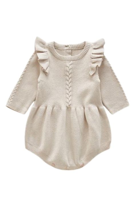 Free shipping and returns on Ashmi & Co. Lizzie Ruffle Sleeve Knit Cotton Bodysuit at Nordstrom.com. You'll love the ruffles and braided knit design; baby will love the cozy feel of cotton; and you'll both love all the buttons for quick and easy changes. Sweater Romper, Winter Romper, Winter Knit Sweater, Jumpsuit Outfit, Cotton Bodysuit, Knit Bodysuit, Ruffle Long Sleeve, Knitted Romper