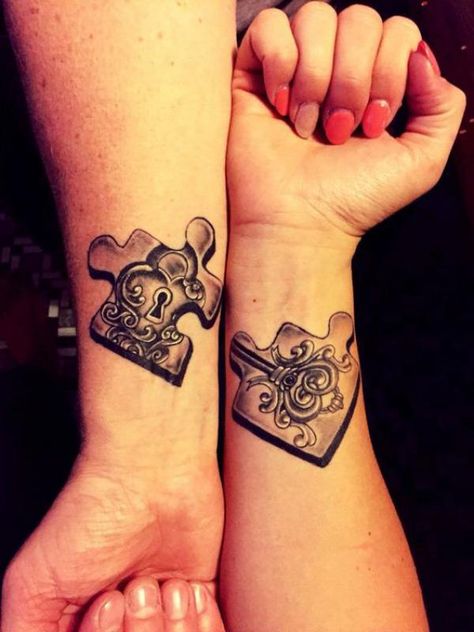 Lock and key puzzle couple wrist tattoo Art Puzzle Pieces, Lock Key Tattoos, Puzzle Tattoo, Couple Wrist Tattoos, Tattoo Designs With Meaning, Key Tattoo Designs, Lock Tattoo, Designs With Meaning, Puzzle Piece Tattoo