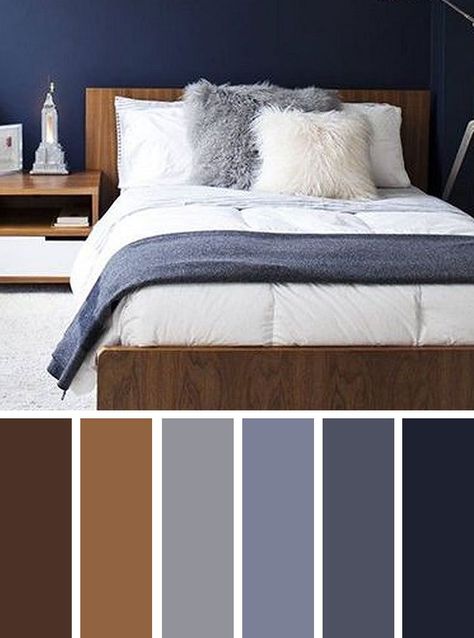 This is a good color palette for us with the addition of white. Brown Bedroom Colors, Bedroom Ideas For Couples Color Schemes, Hall Color, Grey Colour Scheme Bedroom, Grey Bedroom Colors, Blue Bedroom Colors, Casita Ideas, Navy Bedrooms, Beautiful Bedroom Colors