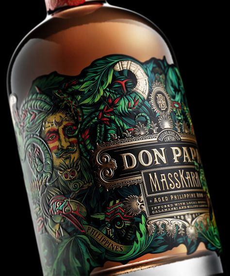 Don Papa Masskara Rum on Packaging of the World - Creative Package Design Gallery Rum Branding, Don Papa Rum, Rum Label, Alcohol Packaging Design, Rum Brands, Whiskey Packaging, Cheese Design, Stranger And Stranger, Rum Bottle