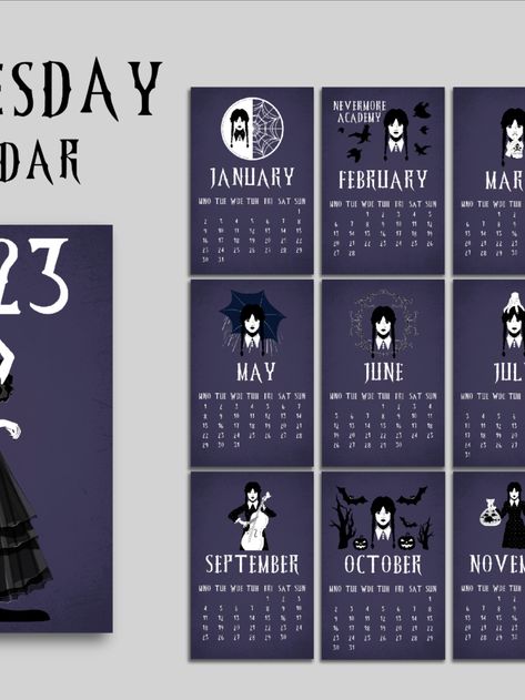 Wednesday Calendar, Wednesday Addams Calendar, Addams Family Calendar, Nevermore Academy Calendar, Goth Calendar Goth Calendar, Nevermore Academy, Addams Family Costumes, Family Calendar, Digital Drawings, Addams Family, Wednesday Addams, Girly Jewelry, Birthday Theme