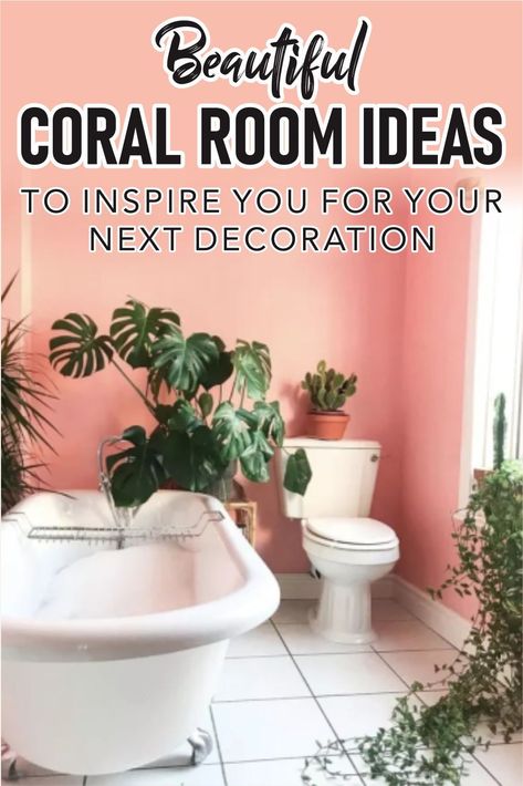 Peach Colored Bathrooms, Coral Home Office, Coral Powder Room, Coral Walls Living Room, Coral Bathroom Walls, Coral Room Ideas, Coral Bathroom Ideas, Bold Bathroom Colors, Coral Bathroom Decor