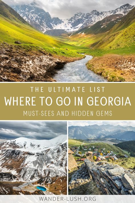 The ultimate list of must-see and unique places to visit in Georgia (the country). #Georgia #Caucasus #Europe | Georgia travel guide | Georgia guide | Georgia country travel | Where to go in Georgia | Things to do in Georgia | Georgia country photography | Georgia itinerary Georgia The Country, Georgia Must See, Country Georgia, Georgia Itinerary, Places To Visit In Georgia, Things To Do In Georgia, Georgia Hikes, Georgia Caucasus, Kakheti Georgia