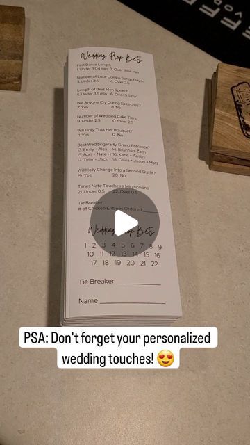 Holly | Wisconsin Wedding Content Creator on Instagram: "Your wedding should feel like you! Make sure you add in touches to make your wedding unique ❤️ 

I made these wedding prop bet sheets on Canva and printed them at home. The only cost was the perforated paper! They are such a fun way to get guests involved during your wedding! 

Don't forget to like and follow for more wedding content 💍

Happy planning! ❤️ 

#2024bride #2024brides #2025bride #bridetobe #bridetrends #weddingplanning #weddingplanner #weddingplanningtips #weddingtips #wedding #weddinginspiration #weddinginspo #weddingstress #diyweddingplanning #diyweddingplanner #diywedding #weddingplanners #weddingplanningbegins #diyweddingideas #weddingideas #weddingcoordination #weddingday  #diyweddings" Wedding Place Your Bets, Wedding Prop Bets, Board Game Wedding Guest Book, Jenga Wedding Advice, Music Sounds Better With You Wedding, Wedding Entrance Songs Piano, Diy Wedding Planner, Diy Wedding Planning, Wedding Lookbook