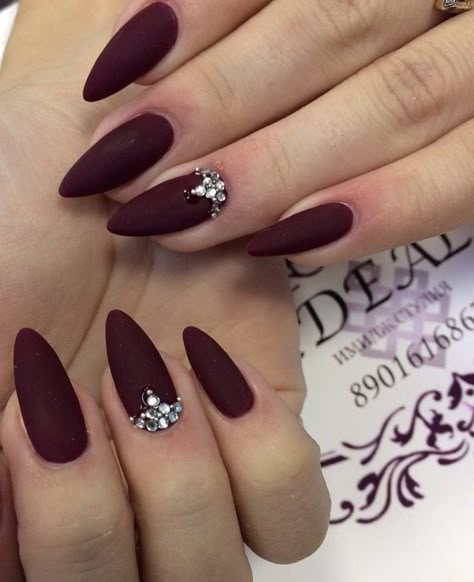 Matte Burgundy Nails Almond, Red Wedding Nails For Bride, Maroon Almond Nails, Maroon And Black Wedding, Matte Burgundy Nails, Maroon Nail Designs, Burgundy Acrylic Nails, Red Matte Nails, Wine Nails