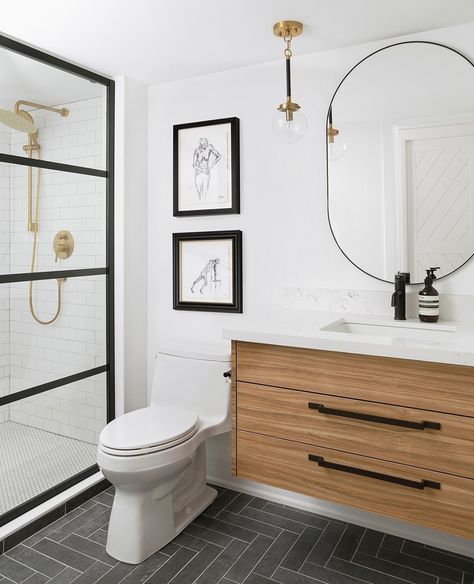 Bathroom Interior Design White, Black Herringbone Tile Bathroom, Herringbone Tile Bathroom Floor, Herringbone Tile Bathroom, Black Bathroom Floor, Interior Design White, Black Tile Bathrooms, Herringbone Tile Floors, Black And Gold Bathroom