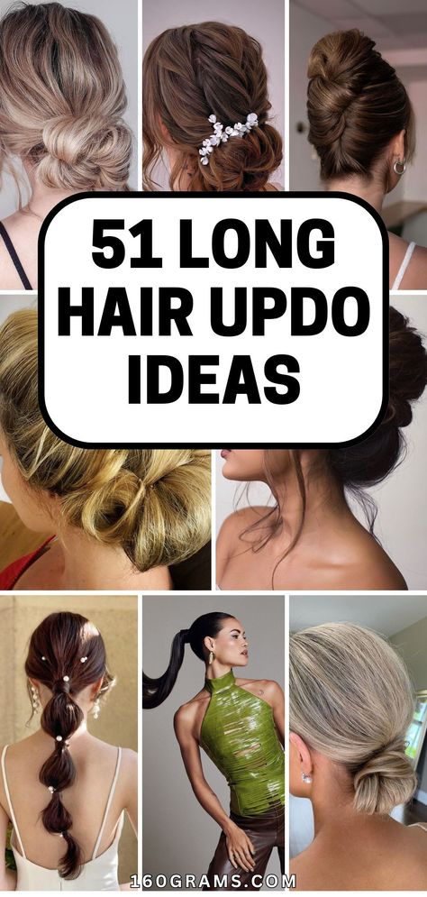 Save this pin for a collection of elegant long hair updo styles that will make you stand out at any event! Discover the perfect hairstyle to turn heads and elevate your look. #LongHairUpdos #HairInspiration #FashionBlog #HairstyleIdeas Updo Hairstyles For A Wedding, Classic Updos For Long Hair, Pony Updos For Long Hair, Formal Hair Updo Elegant, Bridesmaid Updo High Bun, Up Hair Do Styles, Curly Hair Work Styles Updo, Fancy Hairstyles For Medium Length Hair, Easy Up Do Hairstyles For Long Hair