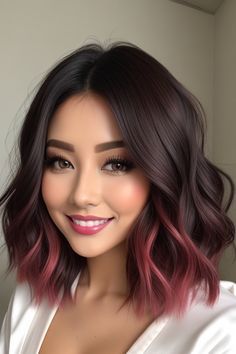 Brown And Magenta Hair, Medium Burgundy Brown Hair, Cherry Ombre Hair, Black Hair With Red Highlights, Black And Red Hair, Burgundy Brown Hair, Shoulder Length Black Hair, Baylage Hair, Black Red Hair