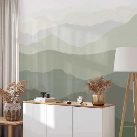 WOWmural - Etsy Clinic Decoration, Scandinavian Painting, Olive Sage Green, Peel And Stick Mural, Mountain Wall Mural, Abstract Mountains, Room Girls, Scandinavian Bedroom, Abstract Drawing