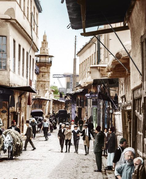 The biblical Straight Street of Damascus captured by a Syrian/Armenian photographer in 1946✨ Suits and tarbouches, European vests and traditional Levantine baggy trousers. Old Syrian Architecture, Levantine Architecture, Old Syria, Syria Before And After, Acts 9, Damascus Syria, Baggy Trousers, Classical Architecture, Luxury House Designs