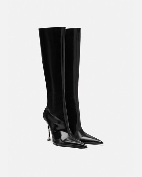 Versace Pin-Point Knee-High Boots | VERSACE 2000s Heels, Versace Boots, Knee Thigh Boots, Lone Fox, Versace Bag, Versace Women, Luxury Designer Shoes, All Black Fashion, Versace Fashion