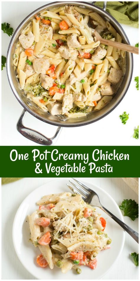 One Pot Creamy Chicken and Vegetable Pasta recipe from RecipeGirl.com #one #pot #onepot #creamy #chicken #vegetable #pasta #dinner #recipe #RecipeGirl Garlic Chicken Pasta With Vegetables, Creamy Chicken Veggie Pasta, Chicken And Vegetable Pasta Recipes, Pasta With Vegetables And Chicken, Chicken And Elbow Pasta Recipes, Chicken And Veggie Pasta Recipes, Vegetable Chicken Pasta, Chicken Vegetable Pasta Recipes, Chicken Veggie Pasta