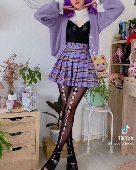 Cute Pastel Goth Outfits Purple, Tenis Skirt Outfits Summer, Pastel Gothic Aesthetic Outfit, Purple Egirl Outfit, Purple Pastel Goth Aesthetic, Pastel Punk Outfits Soft Grunge, Corporate Pastel Goth, Purple Idol Outfits, Pastel Purple Outfit Ideas