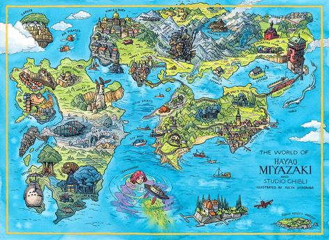 Illustrated map of Studio Ghibli films directed by Hayao Miyazaki. Hayao Miyazaki Movies, Art Studio Ghibli, Maps Aesthetic, Personajes Studio Ghibli, Wind Rises, Ghibli Artwork, Map Wallpaper, Studio Ghibli Movies, Japon Illustration