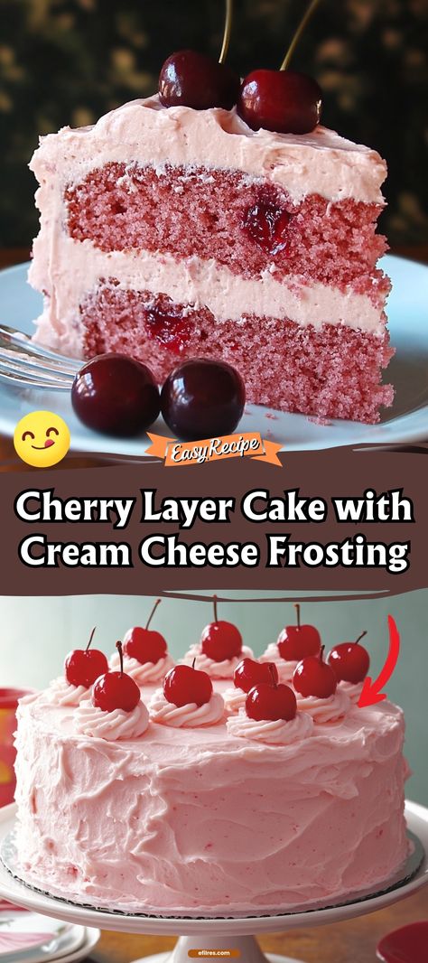 Cherry Layer Cake with Cherry Cream Cheese Frosting Cherry Sponge Cake Recipe, Cherry Topped Cake, Homemade Cherry Chip Cake, Vanilla Cherry Cake, Jam Cake Recipe Easy, Marchino Cherry Cake Recipe, Cherry Bundt Cake Recipes, Cherry Chip Cake Mix Recipes, Layered Cakes With Filling