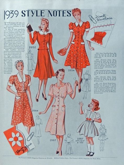 Fashion Patterns  Print Ad  30 s Color Illustration  1939 style notes 1939 Farmer s Wife Magazine 1939 Fashion, Decades Fashion, 1910s Fashion, Farmer Wife, Color Illustration, 40s Fashion, 1930s Fashion, Magazine Ads, Vintage Advertisement