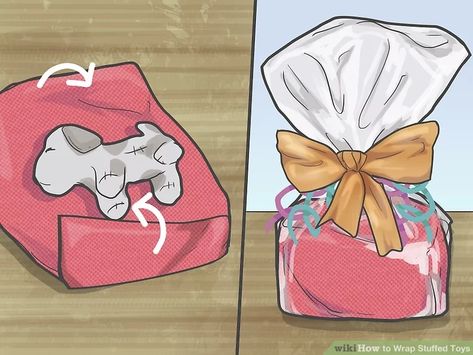 Gift Wrapping Soft Toys, Gift Wrap Stuffed Animal, How To Wrap A Soft Toy, How To Wrap A Plush Toy, Wrap Stuffed Animals Gift, How To Wrap Stuffed Animals, Wrapping Stuffed Animals, How To Wrap A Stuffed Animal, Small Soft Toys