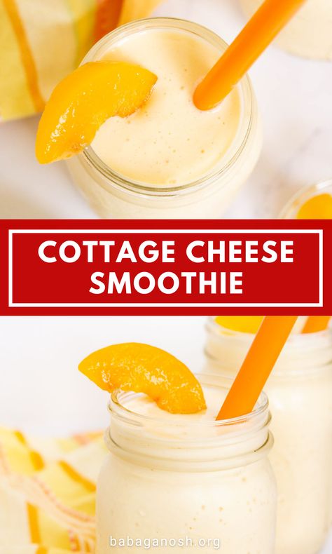 Easy Breakfast Smoothie Recipes, Peach And Cottage Cheese, Cottage Cheese Smoothie Healthy, Protein Shake With Cottage Cheese, Cottage Cheese Peaches, Frozen Fruit Smoothie Recipes Healthy, Low Carb Fruit Smoothie, Smoothies With Cottage Cheese, Cottage Cheese Milkshake