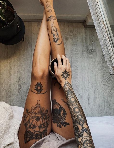 Women’s Tattoo Shin, Legs Patchwork Tattoo, Woman’s Shin Tattoo, Female Above Knee Tattoo, Ladies Leg Tattoos For Women, Tattooed Legs Women, Women Shin Tattoos, Women Leg Tattoo Traditional, Women’s Leg Piece Tattoo