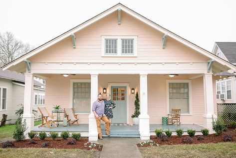 When Erin Napier shared her vision for a blush pink bungalow with seafoam-green trim, we'll admit we were a little (OK, more like majorly) skeptical, but seeing the finished result of this polished craftsman heritage home, after an extensive $109,000 renovation, we'll never question Erin again! See how she and husband Ben converted this forgotten bungalow into a teacher's dream home. Watch Home Town Sundays at 9PM e/p and stream Live and On Demand on the new Global TV App, and on STACKTV wit White House Pink Front Door, Peach Pink House Exterior, Pastel Home Exterior, Pink Bungalow Exterior, Blush Exterior House, Soft Pink House Exterior, Pink House Green Shutters, Peach House Exterior Color Schemes, Blush Pink House Exterior