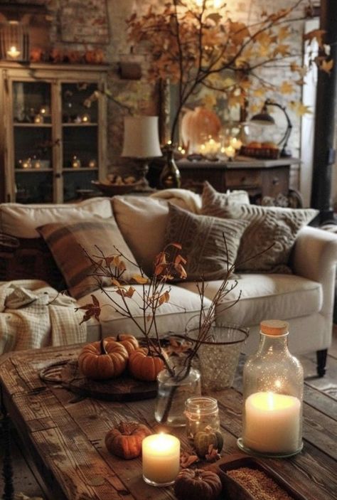 Fall Living Room, Cozy Fall Decor, Dekorasi Kamar Tidur, Fall Thanksgiving Decor, Autumn Decorating, Fall Halloween Decor, Decoration Inspiration, Fall Centerpiece, Farmhouse Fall