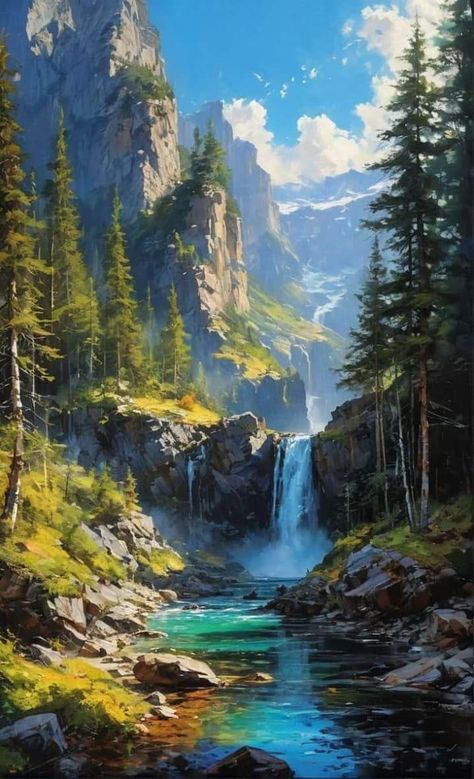 Birch Tree Art, Beautiful Landscape Paintings, Vertical Landscape, Beautiful Scenery Pictures, Dreamy Landscapes, Landscape Art Painting, Thomas Kinkade, Great Paintings, Fantasy Art Landscapes