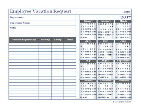 2017 Business Employee Vacation Request Vacation Template, Vacation Calendar, Vacation Planner Template, Excel Calendar Template, Business Calendar, Calendar 2018, Holiday Planner, Vacation Planner, Holiday Calendar