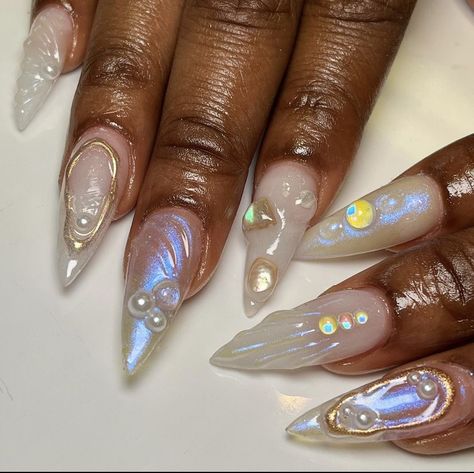 Fairy Chrome Nails, Chrome Wave Nails, Ocean Chrome Nails, Pearl Beach Nails, Korean Clear Nails, Ocean Pearl Nails, Beach 3d Nails, White Ethereal Nails, Beach Chrome Nails