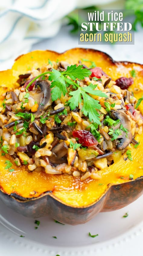 Wild Rice Stuffed Acorn Squash | Where You Get Your Protein - Vegan Recipes Wild Rice Stuffed Acorn Squash Recipes, Acorn Squash With Wild Rice Stuffing, Mushroom And Wild Rice Stuffed Acorn Squash, Wild Rice Acorn Squash, Dinner Ideas With Acorn Squash, Stuffed Acorn Squash Wild Rice, Acorn Squash Wild Rice Recipes, Rice Stuffed Acorn Squash Recipes, Acorn Squash Stuffed With Wild Rice