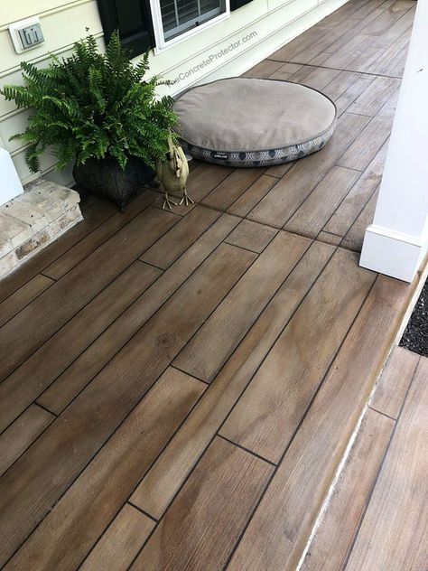 Concrete Wood Porch- Tailored Concrete Coatings- Purcellville VA Stained Cement Floors, Painted Porch Floors, Concrete Front Porch, Painted Porch, Paint Concrete Patio, Floor Concrete, Paint Concrete, Concrete Patio Makeover, Concrete Paint