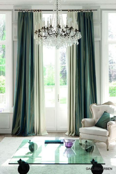 dark emerald curtains Blue Grey Curtains, Emerald Curtains, Ivory Living Room, Living Room Drapes, Green Shower Curtains, Living Room Orange, Green Curtains, Trendy Living Rooms, Curtains Living