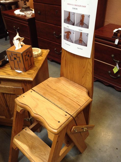 Amish 4-in-1 bachelor chair --it's a chair, a ladder, an ironing board, a step stool! $149.95 USD in Booth 201 Diy Furniture Building, Ironing Boards, Furniture Building, A Ladder, Ironing Board, Wood Work, A Chair, Step Stool, Family Members