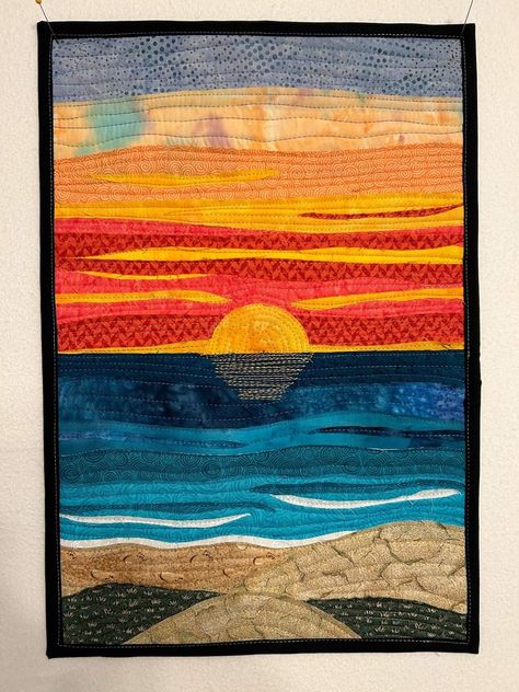 Sunset Quilt, Sunrise Quilt, Sunset Quilt Pattern, Sunset Quilt Ideas, Sunset Fabric Art, Beach Sunset Quilt Pattern, Ocean Landscape Quilts, Sunset Wave Art Quilt, Textile Seascapes