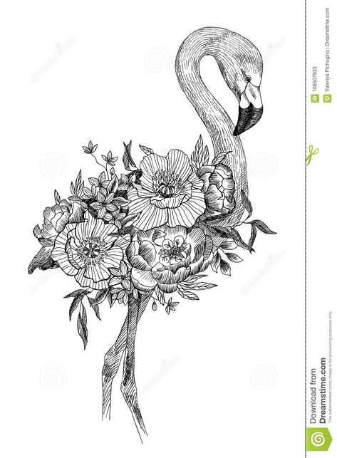 Animal Plant Drawing, Animals And Plants Drawing, Animal Flower Drawing, Animals With Flowers Drawing, Bird And Flower Drawing, Drawing Of A Flamingo, Bouquet Of Flowers Illustration, Exotic Drawing, Bouquet Drawing