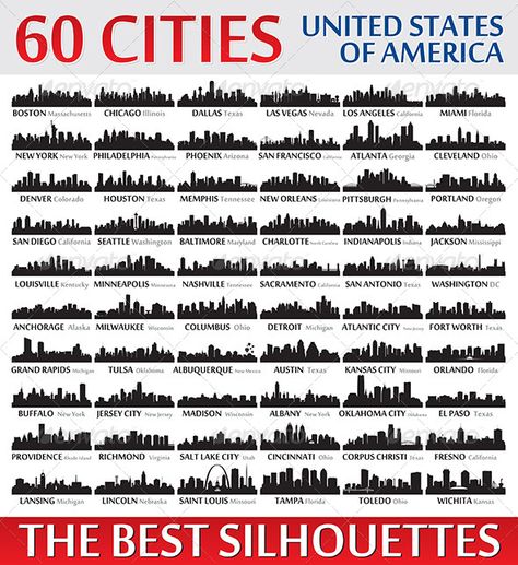 http://graphicriver.net/item/silhouettes-set-o-60-usa-cities/8206692?ref=damiamio This is a set of 60 city silhouettes of the United States of America in the vector. Each city is made in one color without gradients. It can be used for any design work associated with the city, skyline, cityscape, metropolis, and urban landscape. The file is saved in EPS10, it’s very easy to edit. You can see other sets of cities in my portfolio. Created: 9July14 GraphicsFilesIncluded: JPGImage City Skyline Silhouette, Pittsburgh Skyline, Usa City, Skyline Silhouette, City Silhouette, Usa Cities, 3d Laser, Atlantic City, City Buildings