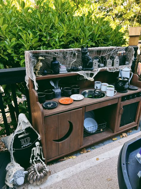 The Witches' Kitchen Witches Mud Kitchen, Witchy House Decor, Witchy House, Wizard Party, Outdoor Play Space, Mud Kitchen, Water Table, Tuff Tray, Beakers