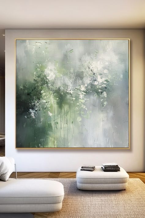 Original handmade green abstract painting with soft sage and misty gray hues, featuring textured brushstrokes and a serene, misty atmosphere Green Abstract Painting, Misty Grey, Green Paintings, Neutral Art, Handmade Wall Art, Green Abstract, Home Aesthetic, Elevate Your Home, Abstract Wall