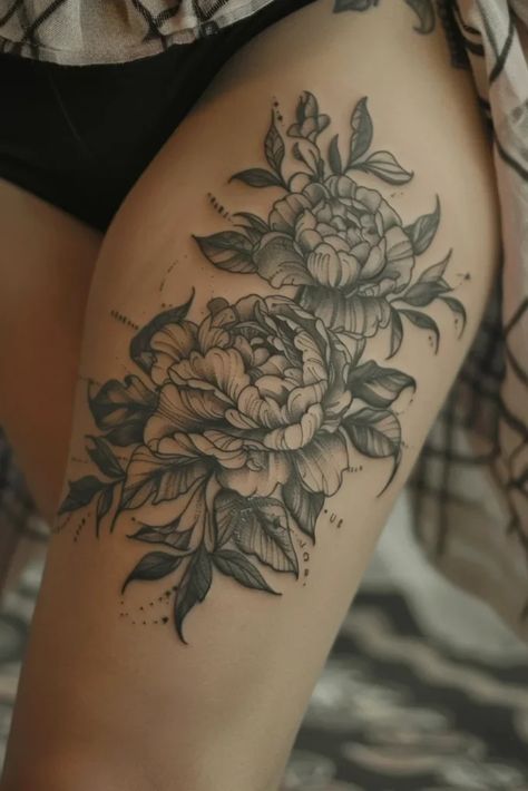 Women's Floral Thigh Tattoo Ideas Hip Tattoos Women Side Thighs Flowers, Thigh Tattoo Placement Ideas, Tattoo Across Thigh, Shaded Floral Tattoo, Top Of Thigh Tattoo, Outer Thigh Tattoos Women, Flower Hip Tattoo Thigh Piece, Feminine Thigh Tattoos Women, Large Thigh Tattoo For Women