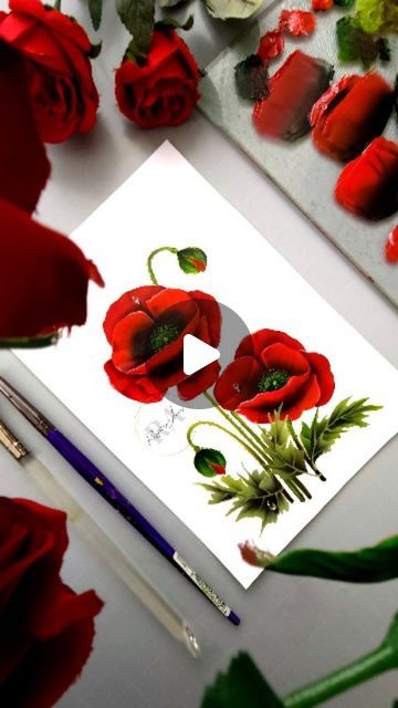 Renjitha Anoop Painting, How To Paint Poppy Flowers, How To Paint Poppies, Poppy Painting Acrylic, Painting Flower Bouquet, Red Poppies Painting, Red Poppy Painting, Poppy Flower Painting, Red Poppy Flower