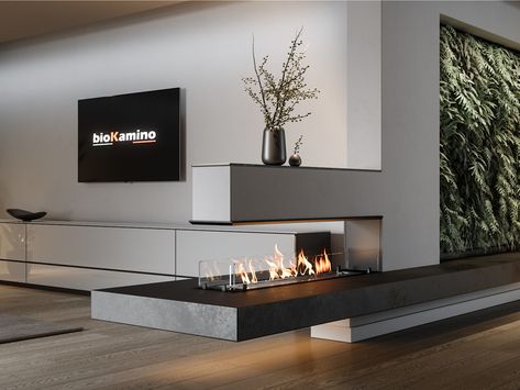 3-sided built-in bioethanol fireplace BKBF-T by bioKamino Gas Fireplace Ideas Living Rooms, Electric Fireplace Wall, Casa Clean, Bioethanol Fireplace, Living Room Decor Fireplace, Contemporary Fireplace, Home Fireplace, Modern Fireplace, Home Building Design