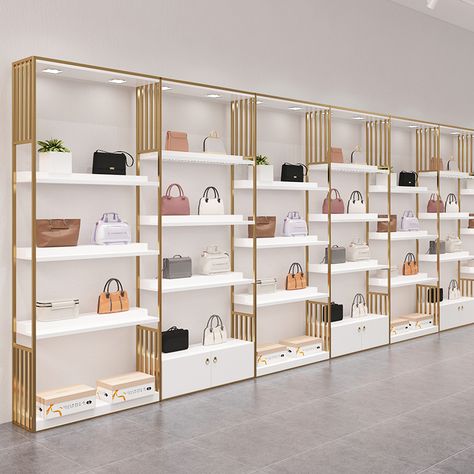 High Quality Customized Modern Metal Bag Shelves Bags Display Showcase Boutique Stainless Steel Led Shoe Shelf https://m.alibaba.com/product/1600780601310/High-Quality-Customized-Modern-Metal-Bag.html?__sceneInfo={"cacheTime":"1800000","type":"appDetailShare"} Island Display, Shoe Storage Design, Display Shelf Design, Store Shelves Design, Shop Shelving, Retail Store Interior Design, Display Counter, Store Design Boutique, Ceiling Panel