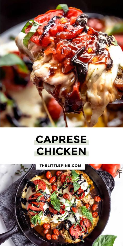 Caprese Chicken- PIN 1 Crockpot Chicken Caprese, Caprese Chicken Meal Prep, Caprese Chicken Baked Easy, Chicken Caprese Skillet, One Pan Caprese Baked Chicken, Healthy Chicken Caprese Recipe, Mozzarella Balsamic, Chicken Caprese Recipe, Balsamic Reduction Recipe