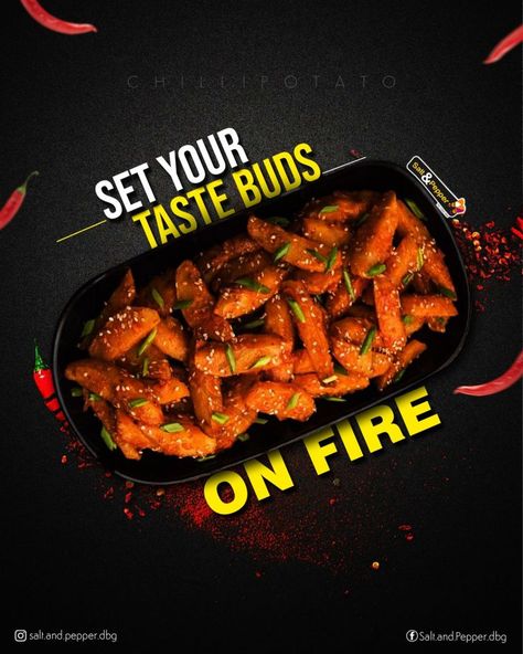 Creative Food Poster Design Graphics, Food Ads Creative, Restaurant Social Media Ideas, Food Creative Ads, Chili Potato, Honey Chilli Potato, Chilli Potato, Food Web Design, Bbq Wings